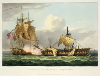 De Verovering van La Vengeance, 21 augustus 1800, gegraveerd door Thomas Sutherland voor J. Jenkins